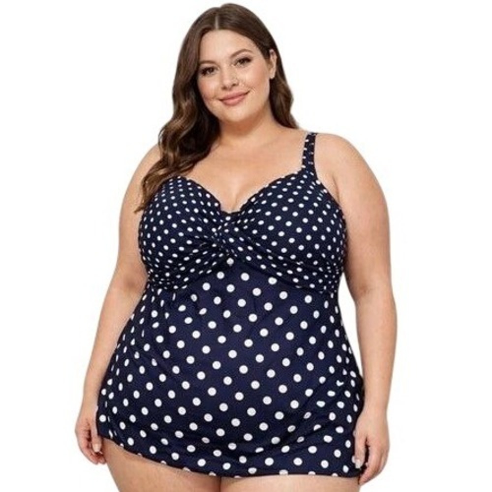 Lands' End Tankini Top Women Size 18 Navy Blue Polka Dot Twist Front Adjustable‎